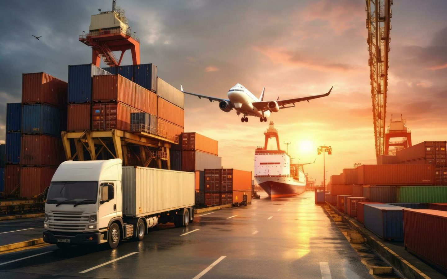 truck-and-container-cargo-freight-transportation-and-import-export-commercial-logistic-background-logistics-and-transportation-of-goods-by-ship-airplane-truck-and-container-ai-generated-free-photo